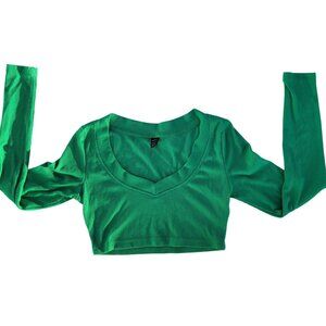 Shein Women Green Ribbed V-Neck Crop Top XS Long Sleeve